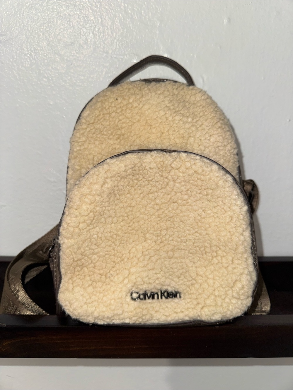 Calvin Klein Cream Sherpa Mini Backpack with Brown Trim